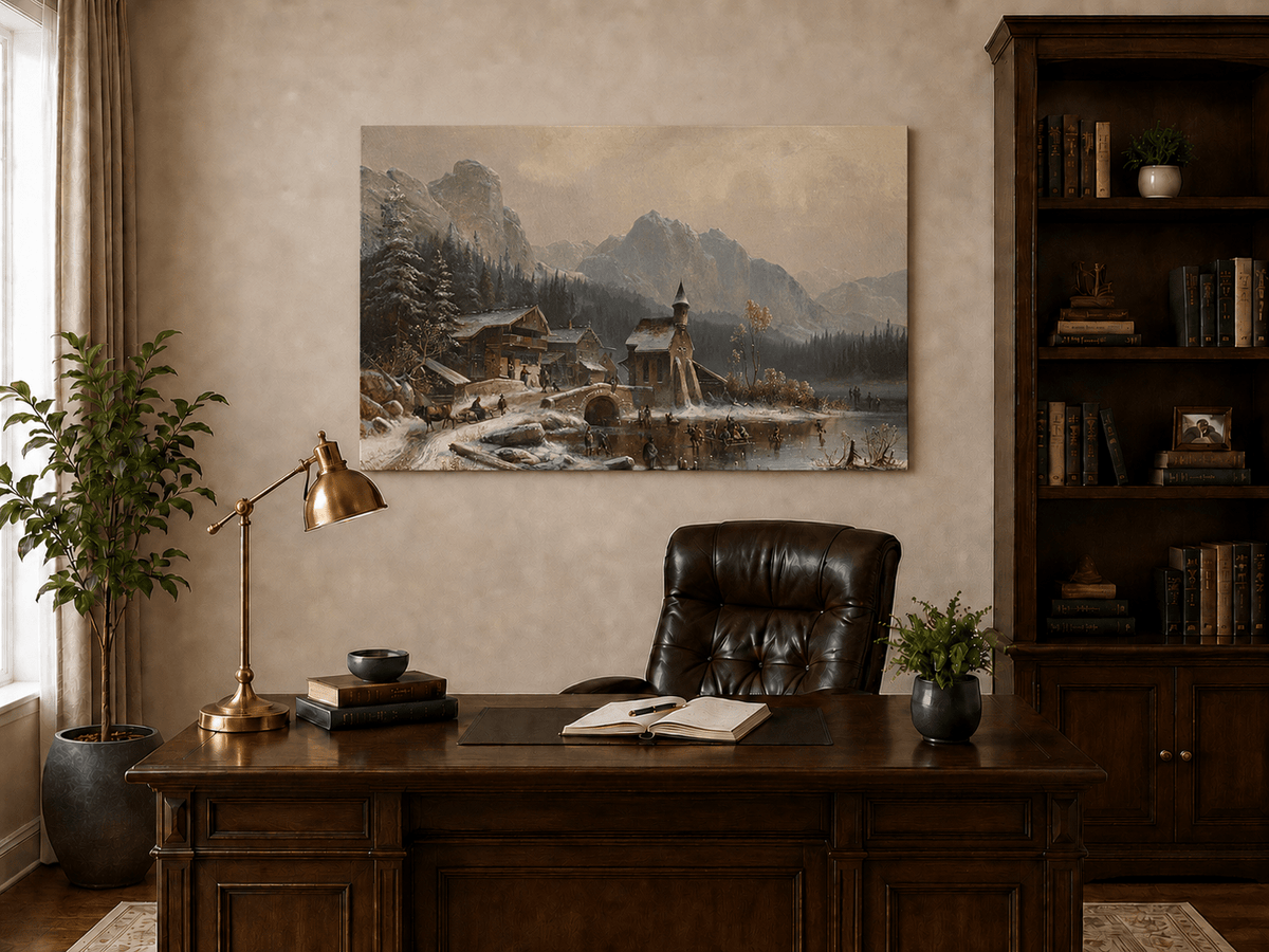 Peinture à l'huile de paysage - Village alpin hivernal au bord du lac