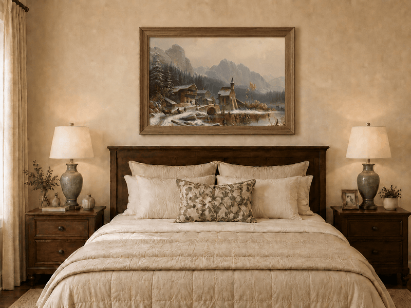 Peinture à l'huile de paysage - Village alpin hivernal au bord du lac
