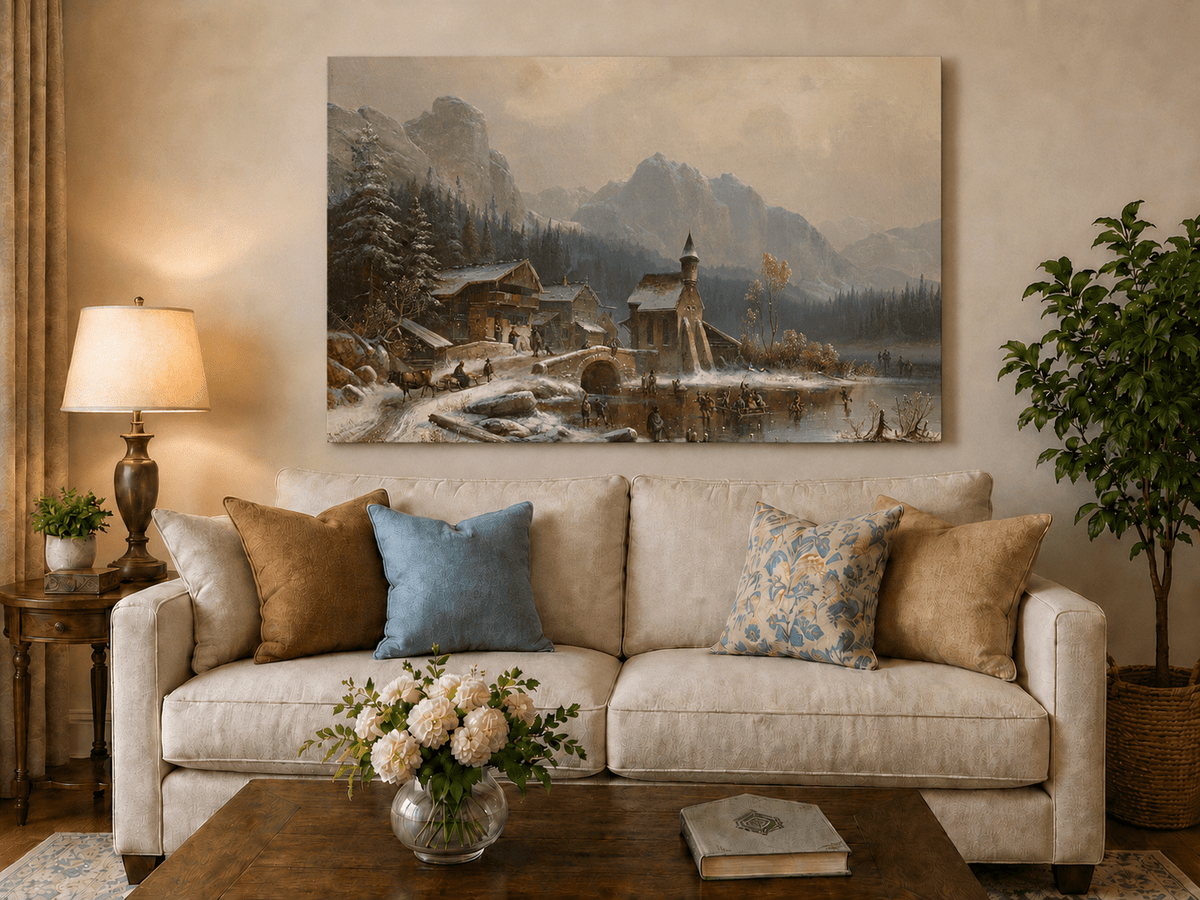 Peinture à l'huile de paysage - Village alpin hivernal au bord du lac