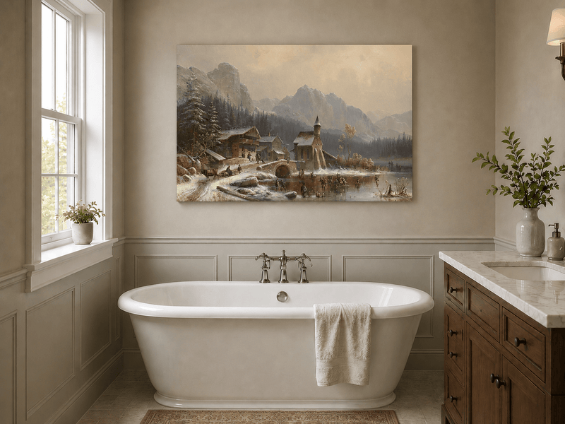 Peinture à l'huile de paysage - Village alpin hivernal au bord du lac