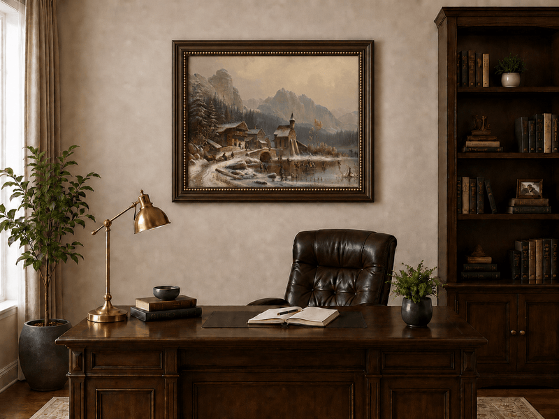 Peinture à l'huile de paysage - Village alpin hivernal au bord du lac
