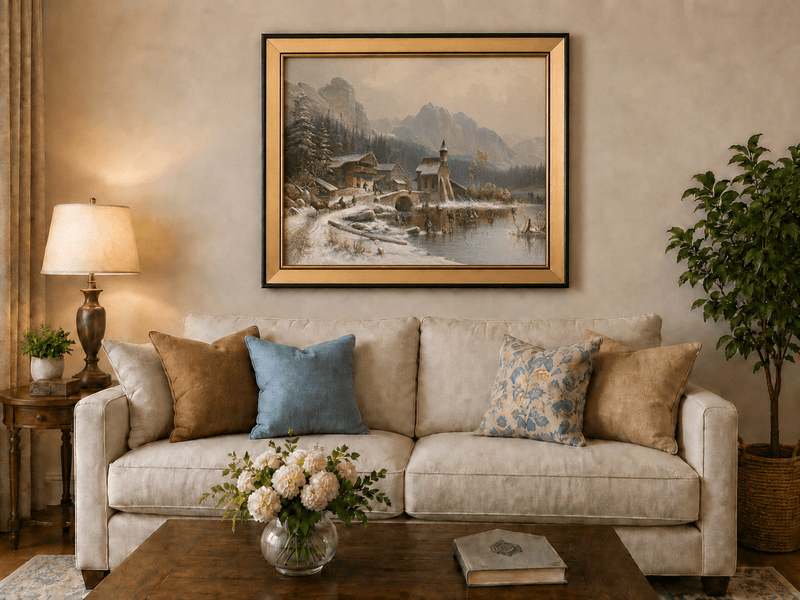 Peinture à l'huile de paysage - Village alpin hivernal au bord du lac