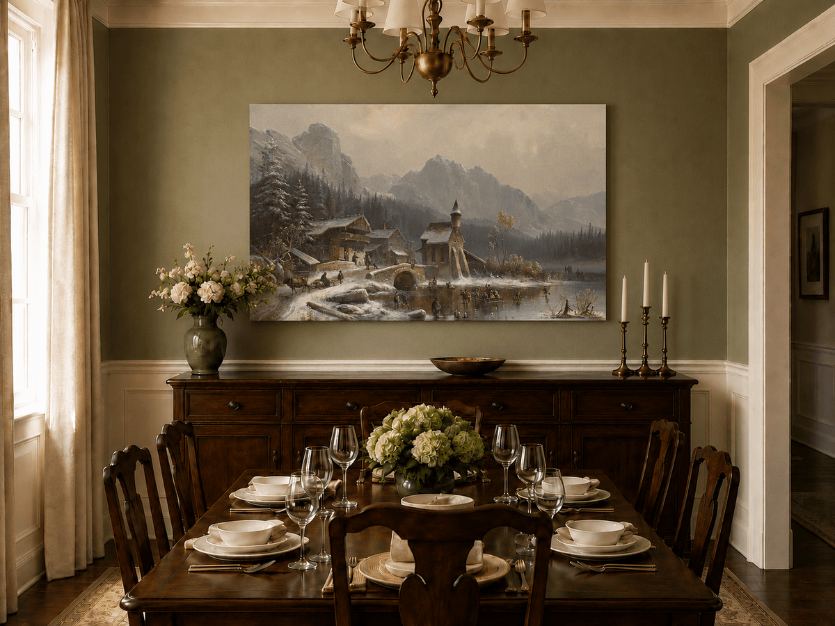 Peinture à l'huile de paysage - Village alpin hivernal au bord du lac