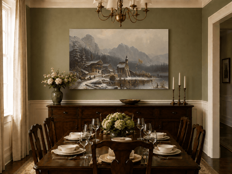Peinture à l'huile de paysage - Village alpin hivernal au bord du lac