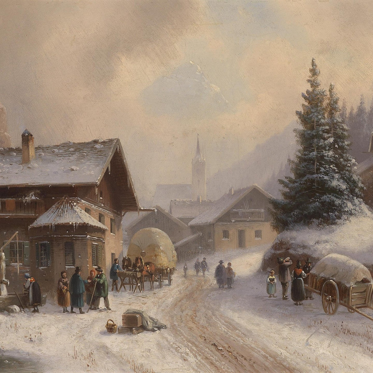 Landscape Oil Painting - Alpine Winter Village, Snowy Cottages, Carriage - Oil Painting Haven