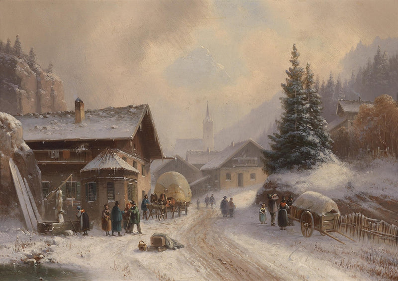 Landscape Oil Painting - Alpine Winter Village, Snowy Cottages, Carriage - Oil Painting Haven