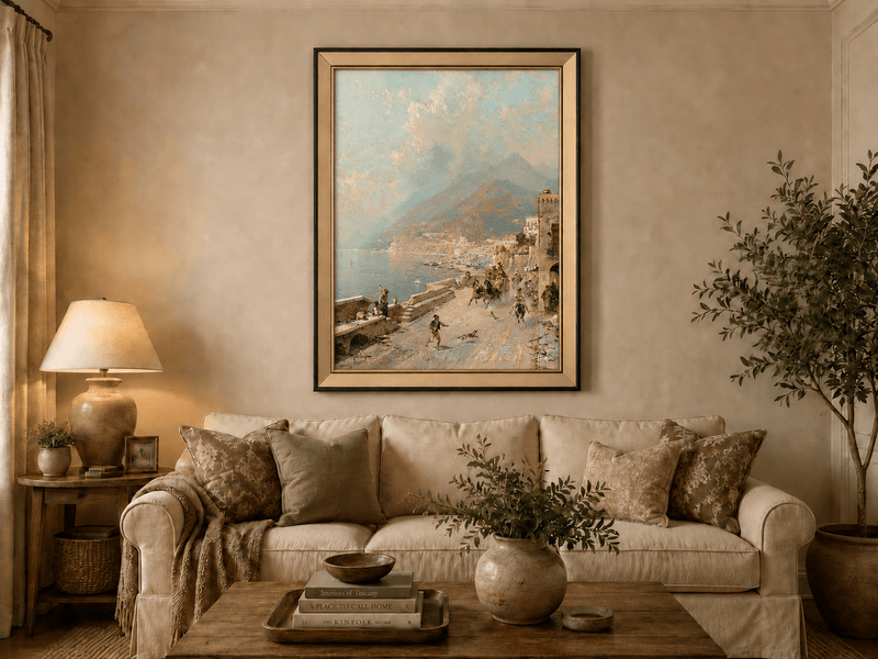 Landscape Oil Painting - Amalfi Coast Road with Donkeys and Bay