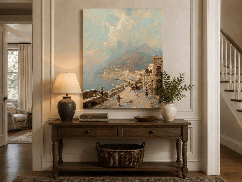 Landscape Oil Painting - Amalfi Coast Road with Donkeys and Bay