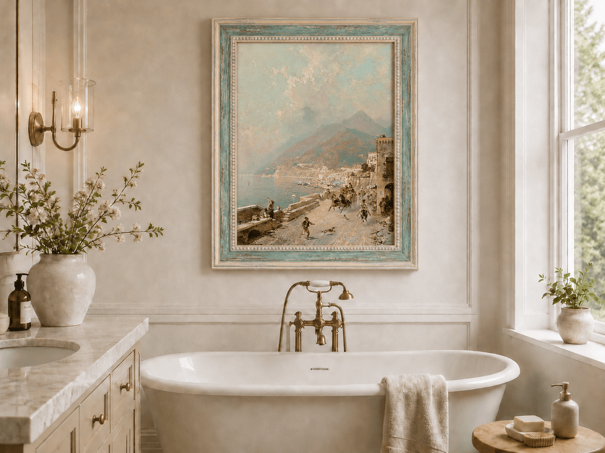 Landscape Oil Painting - Amalfi Coast Road with Donkeys and Bay