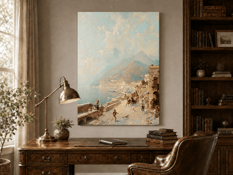 Landscape Oil Painting - Amalfi Coast Road with Donkeys and Bay