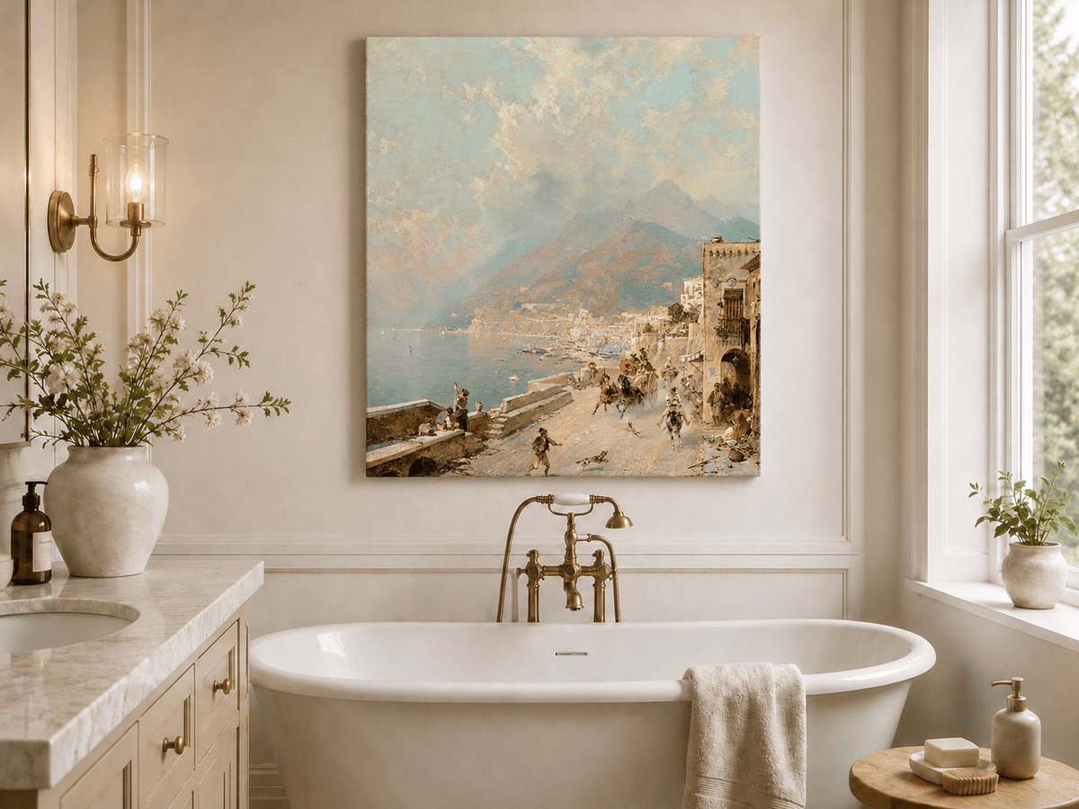 Landscape Oil Painting - Amalfi Coast Road with Donkeys and Bay