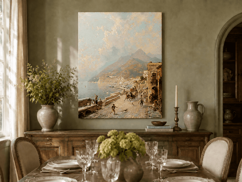 Landscape Oil Painting - Amalfi Coast Road with Donkeys and Bay