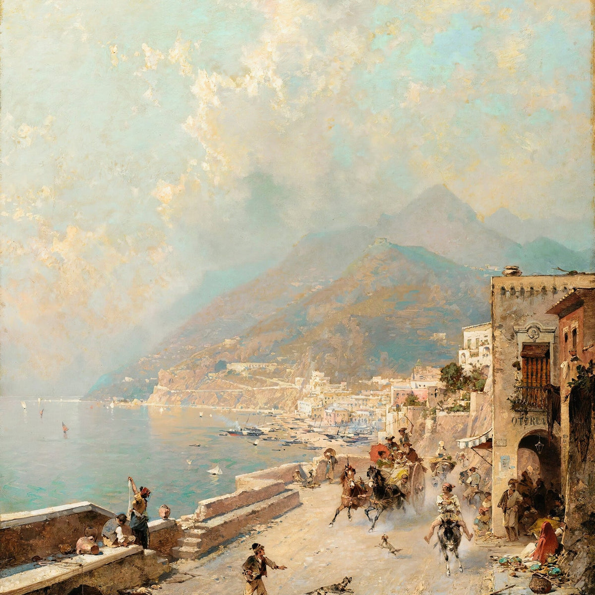 Hand-painted amalfi coast road with donkeys and bay landscape oil painting on canvas