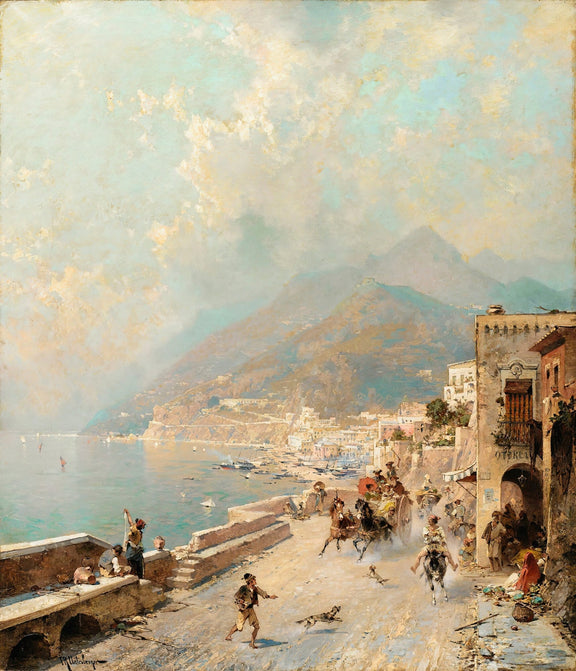 Hand-painted amalfi coast road with donkeys and bay landscape oil painting on canvas