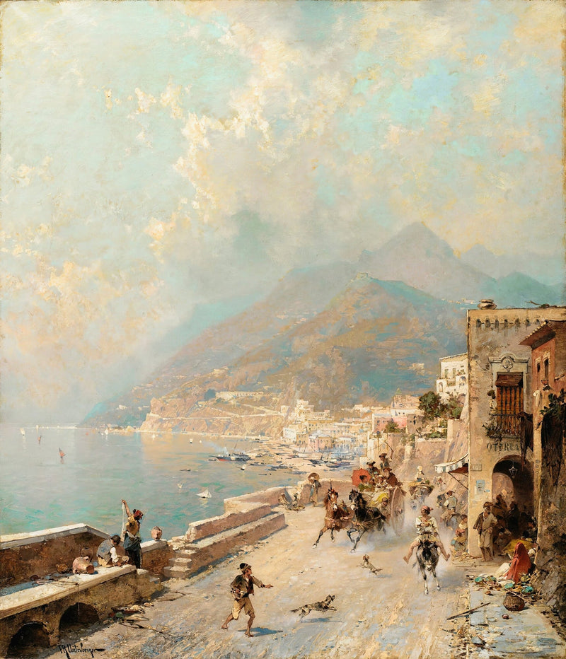Hand-painted amalfi coast road with donkeys and bay landscape oil painting on canvas