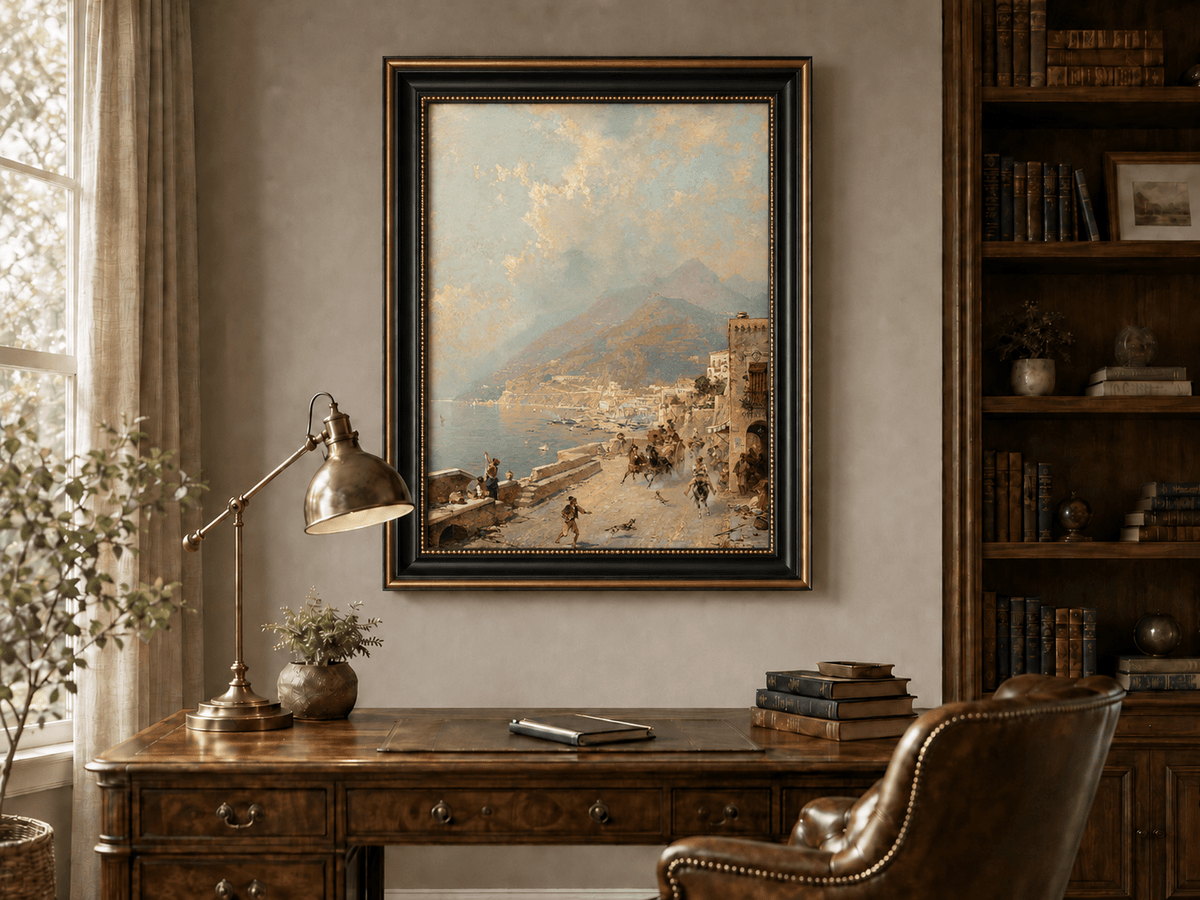 Landscape Oil Painting - Amalfi Coast Road with Donkeys and Bay