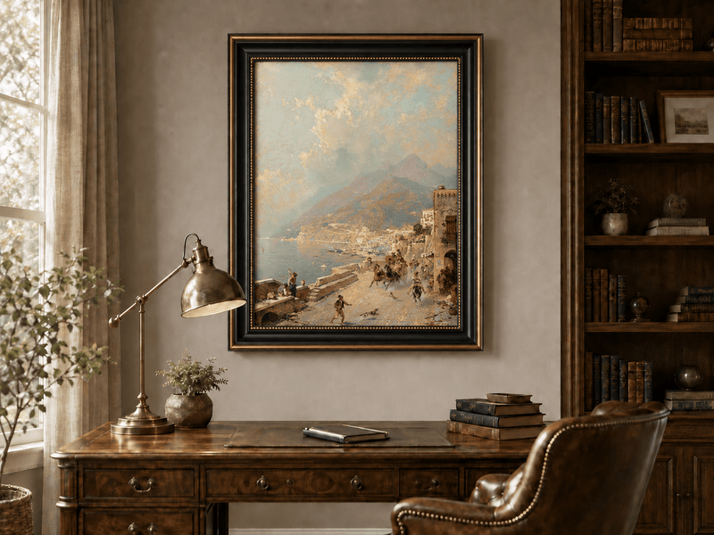 Landscape Oil Painting - Amalfi Coast Road with Donkeys and Bay