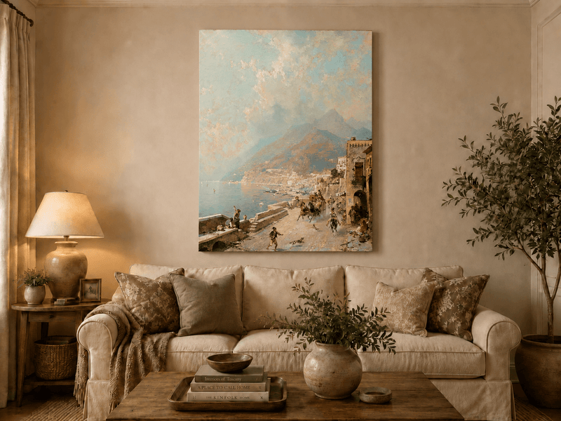 Landscape Oil Painting - Amalfi Coast Road with Donkeys and Bay