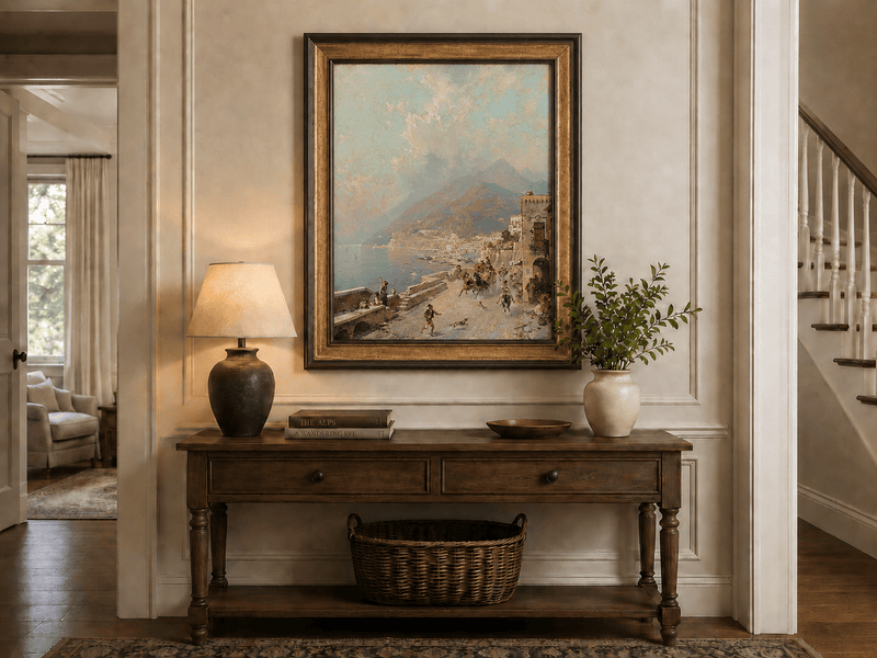 Landscape Oil Painting - Amalfi Coast Road with Donkeys and Bay