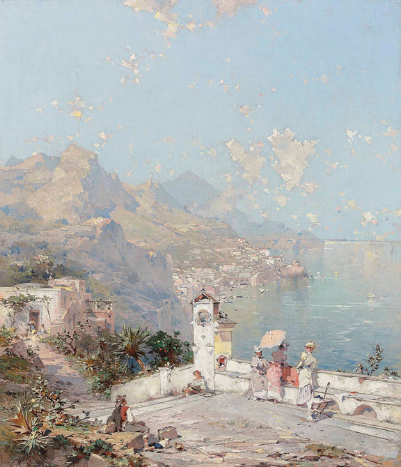 Landscape Oil Painting - Amalfi Coast Terrace with Cliff Sea View - Oil Painting Haven