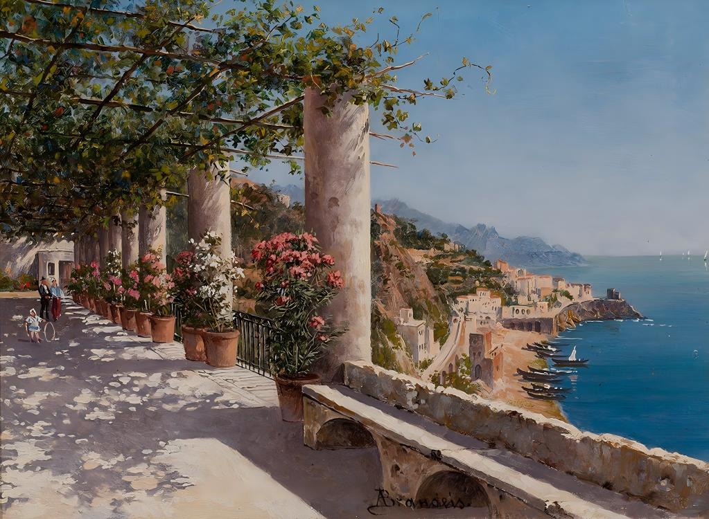 Hand-painted amalfi coastal terrace and sea view landscape oil painting on canvas