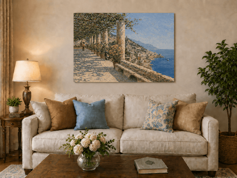 Landscape Oil Painting - Amalfi Terrace with Flowers and Sea View