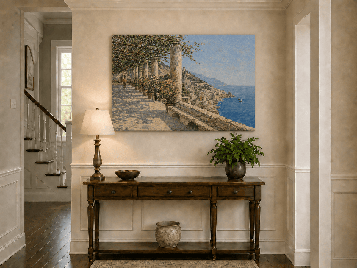 Landscape Oil Painting - Amalfi Terrace with Flowers and Sea View