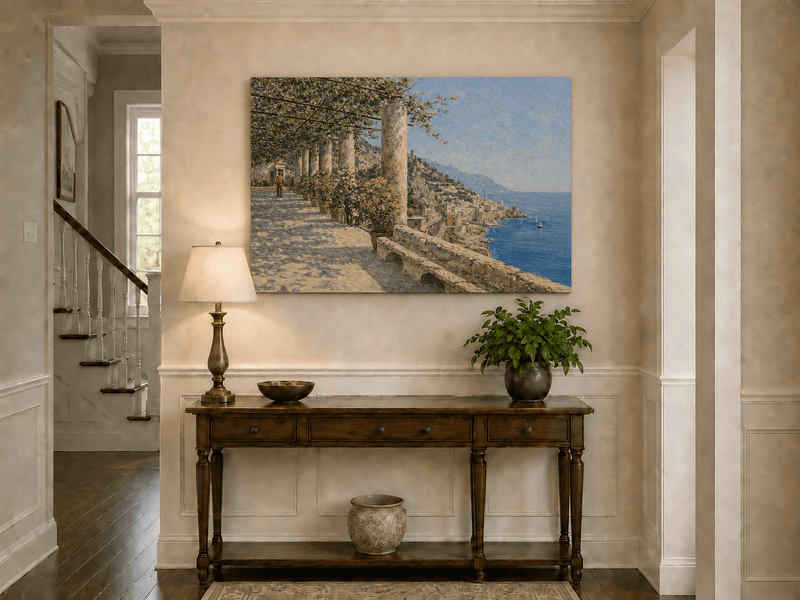 Landscape Oil Painting - Amalfi Terrace with Flowers and Sea View
