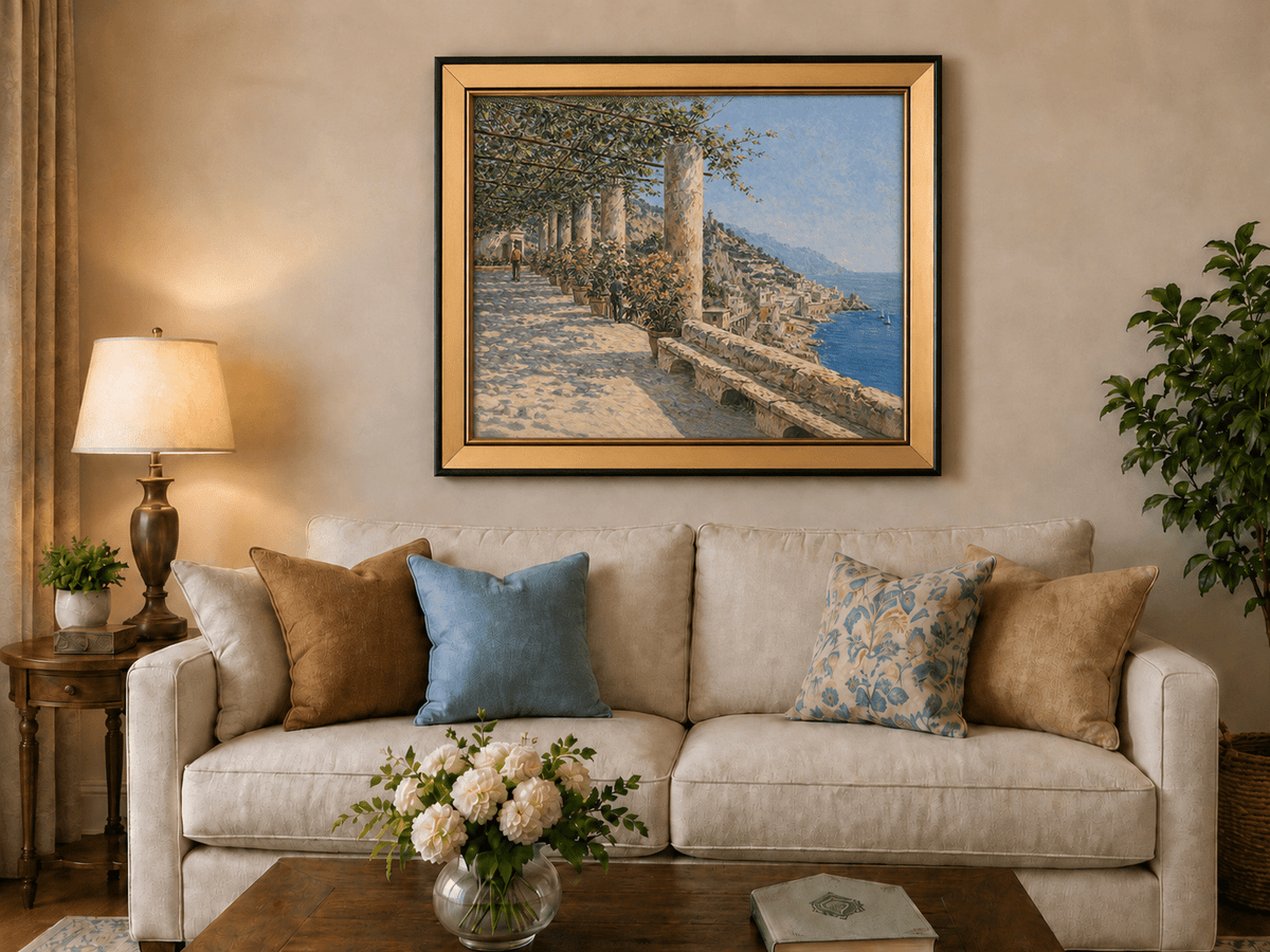 Landscape Oil Painting - Amalfi Terrace with Flowers and Sea View