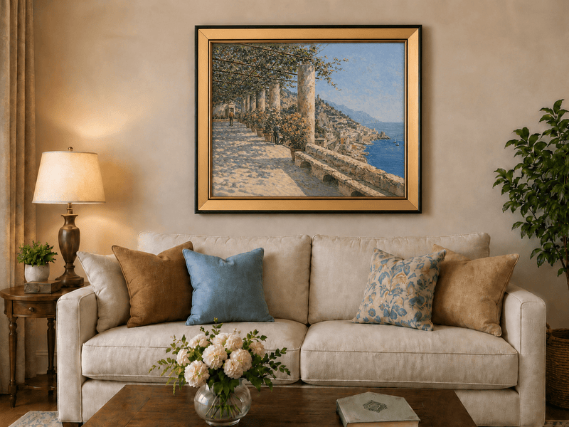 Landscape Oil Painting - Amalfi Terrace with Flowers and Sea View