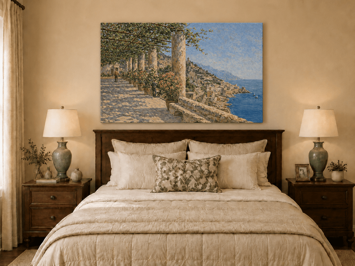 Landscape Oil Painting - Amalfi Terrace with Flowers and Sea View