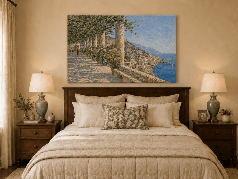 Landscape Oil Painting - Amalfi Terrace with Flowers and Sea View