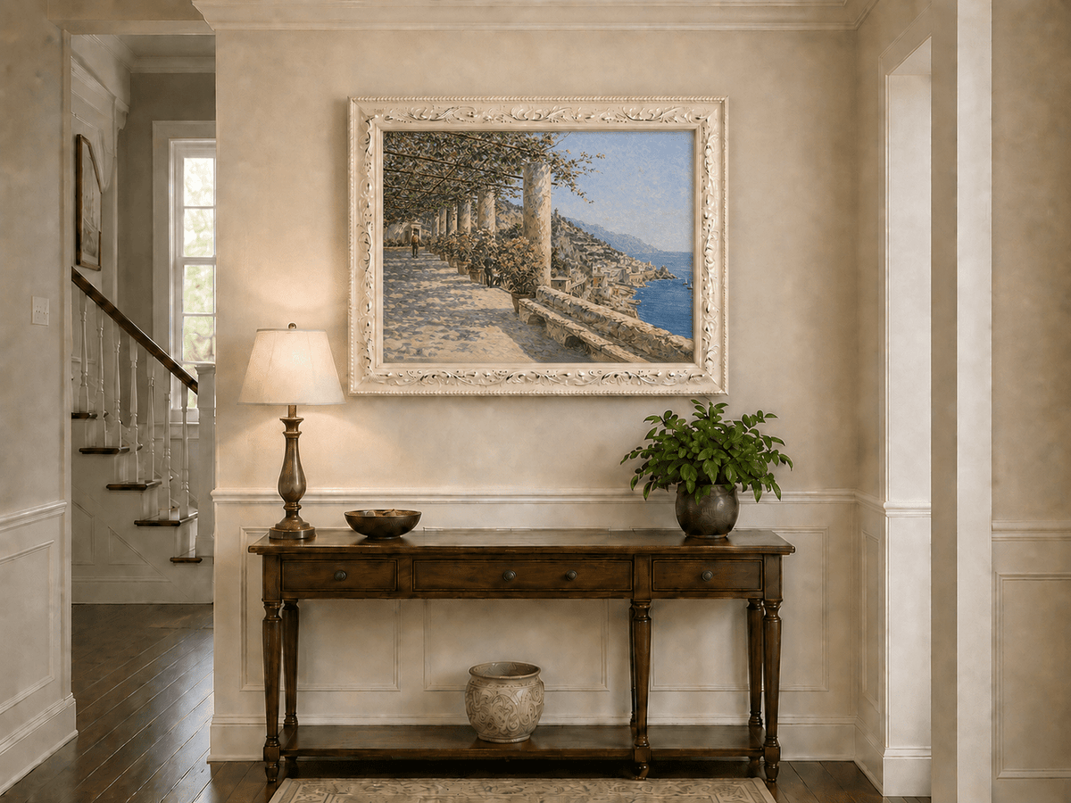 Landscape Oil Painting - Amalfi Terrace with Flowers and Sea View
