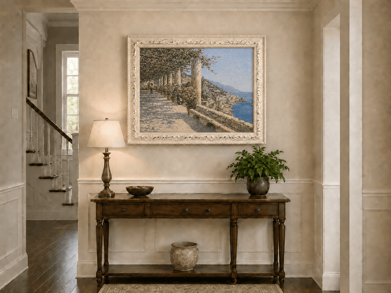Landscape Oil Painting - Amalfi Terrace with Flowers and Sea View