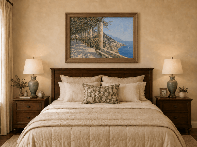 Landscape Oil Painting - Amalfi Terrace with Flowers and Sea View