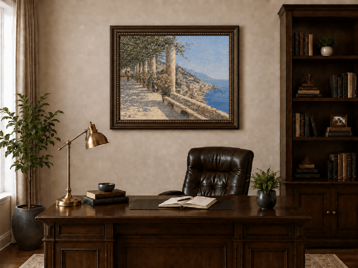 Landscape Oil Painting - Amalfi Terrace with Flowers and Sea View