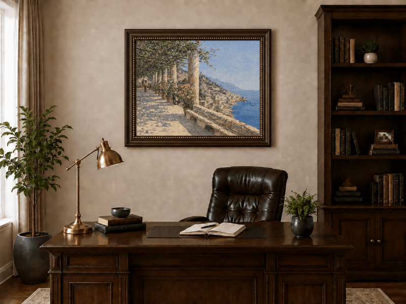 Landscape Oil Painting - Amalfi Terrace with Flowers and Sea View