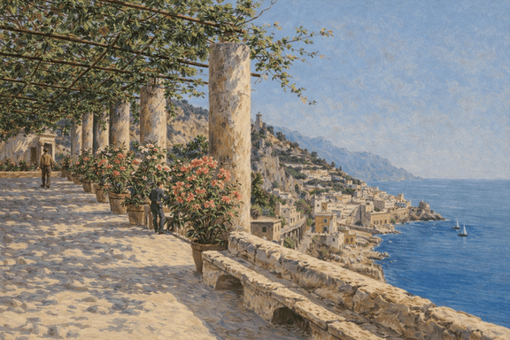 Hand-painted amalfi terrace with flowers and sea view landscape oil painting on canvas