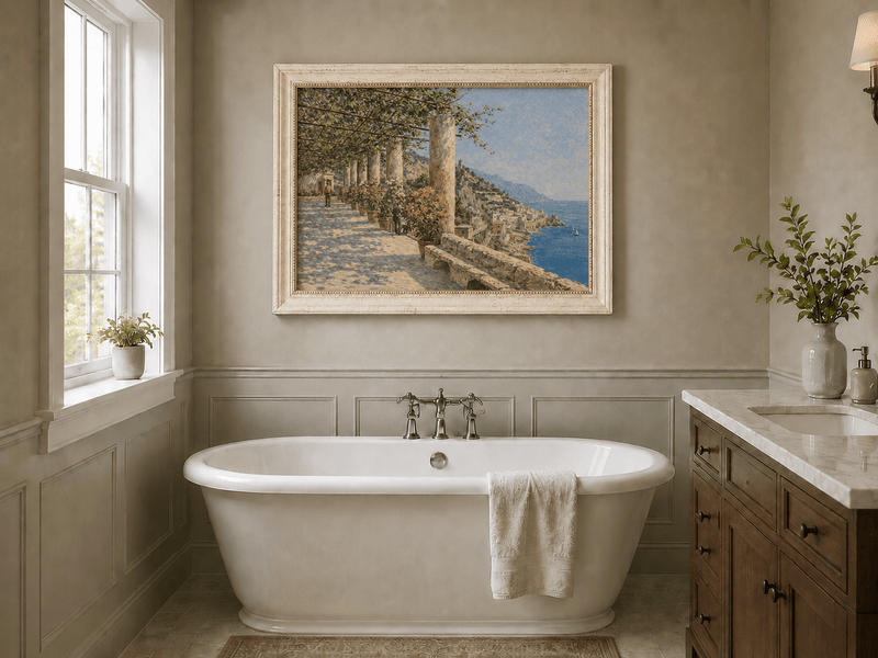 Landscape Oil Painting - Amalfi Terrace with Flowers and Sea View