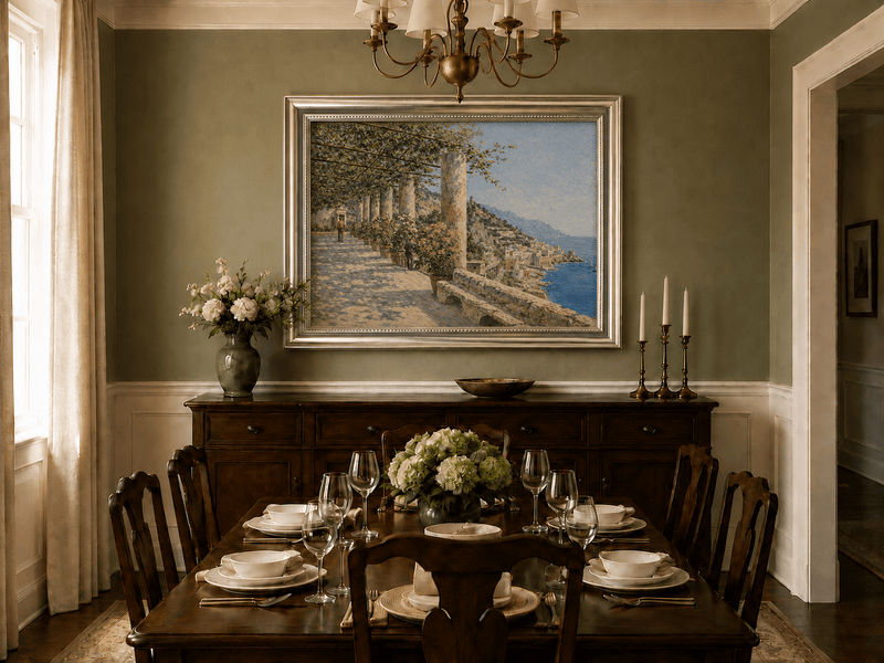 Landscape Oil Painting - Amalfi Terrace with Flowers and Sea View