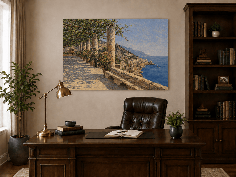 Landscape Oil Painting - Amalfi Terrace with Flowers and Sea View