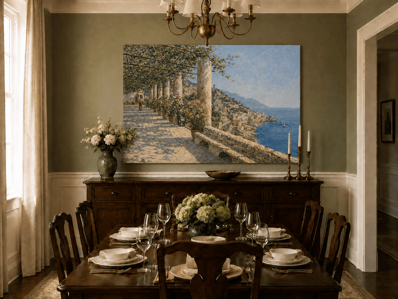 Landscape Oil Painting - Amalfi Terrace with Flowers and Sea View