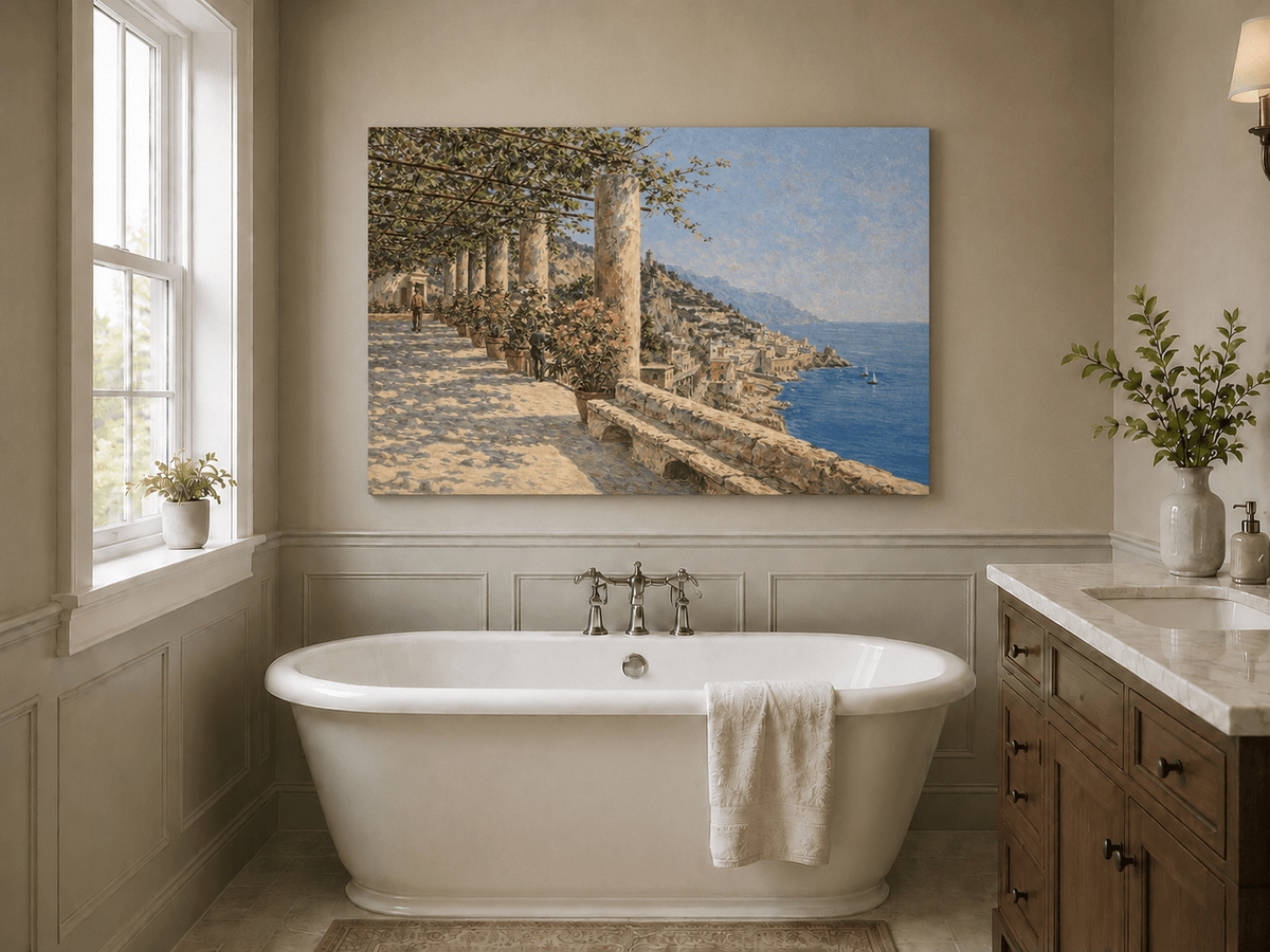 Landscape Oil Painting - Amalfi Terrace with Flowers and Sea View
