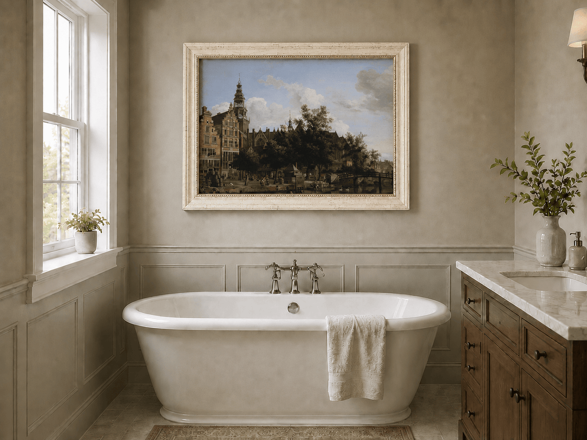Landscape Oil Painting - Amsterdam Canal and Old Church View