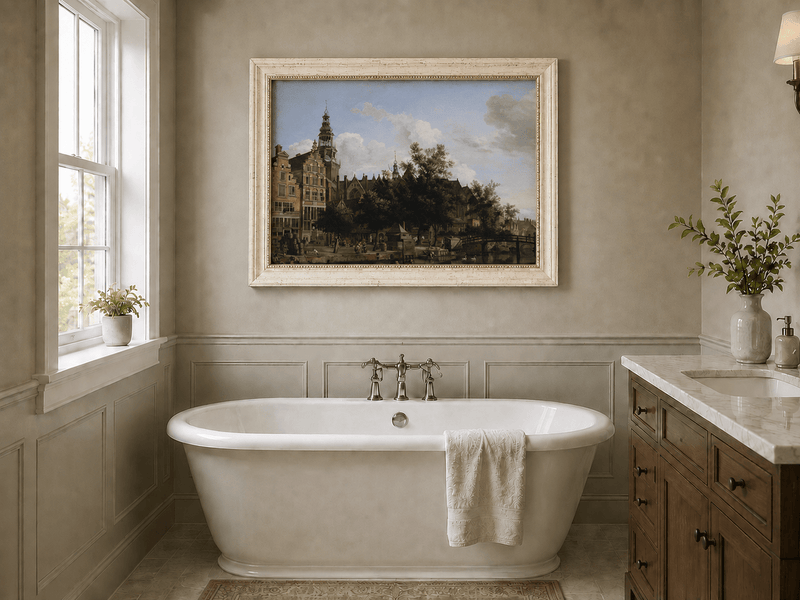 Landscape Oil Painting - Amsterdam Canal and Old Church View