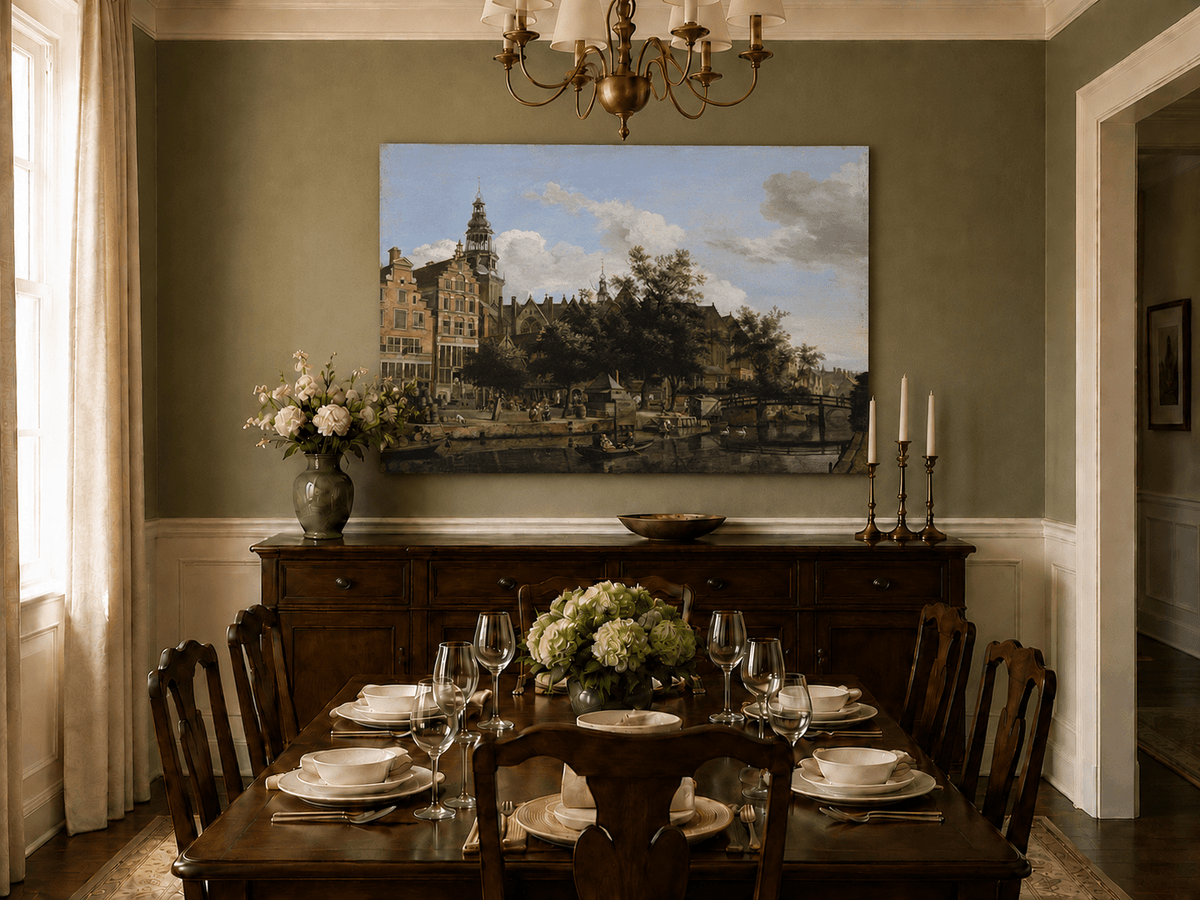 Landscape Oil Painting - Amsterdam Canal and Old Church View