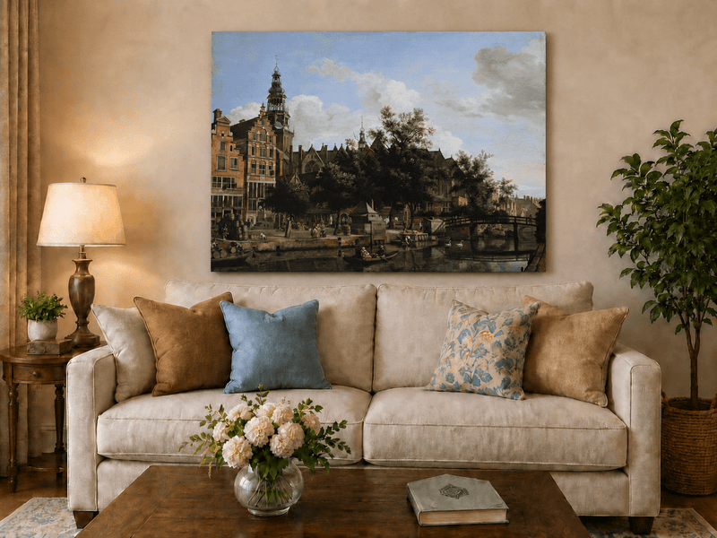 Landscape Oil Painting - Amsterdam Canal and Old Church View