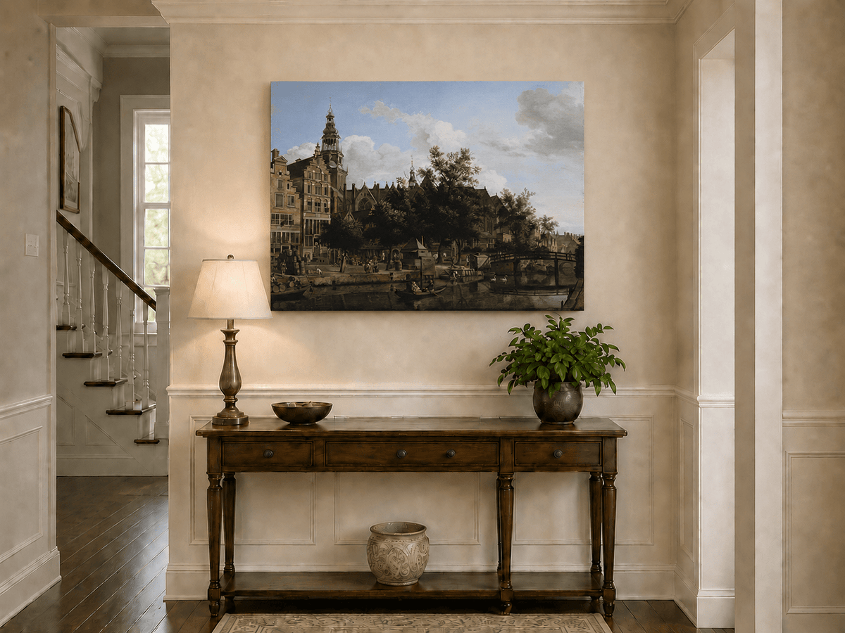 Landscape Oil Painting - Amsterdam Canal and Old Church View