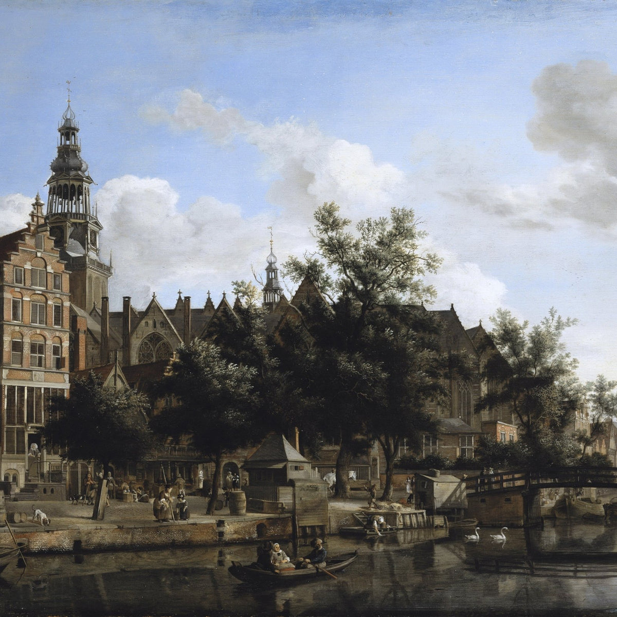Hand painted oil on canvas landscape oil painting of Amsterdam canal with old church, textured brushwork on historic. - Add Frame, Architecture, Canal, Canvas, Church, Hand Painted, Landscape, Made To Order, Oil Painting, Venice