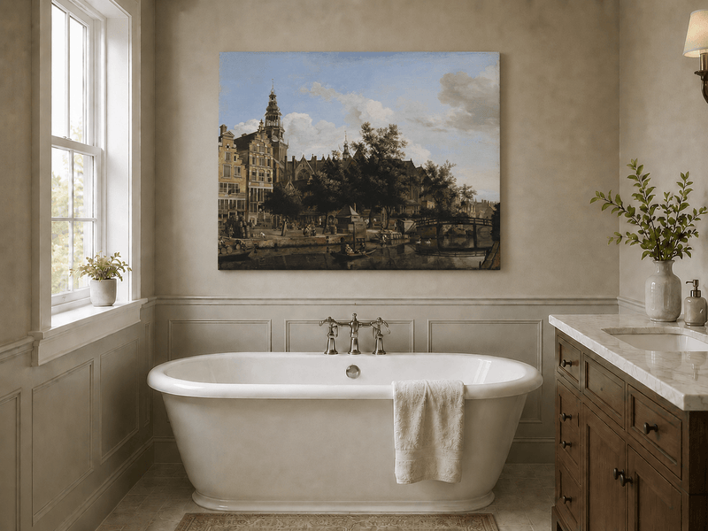 Landscape Oil Painting - Amsterdam Canal and Old Church View
